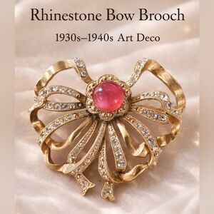 🌸 Vintage Rare Rhinestone pink Gold Bow Brooch 1930s–1940s Art Deco–era